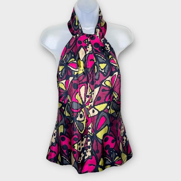 TRINA TURK Halter Top Womens 4 Red Green Gray Tan Abstract Butterfly 100% Silk - Picture 1 of 4